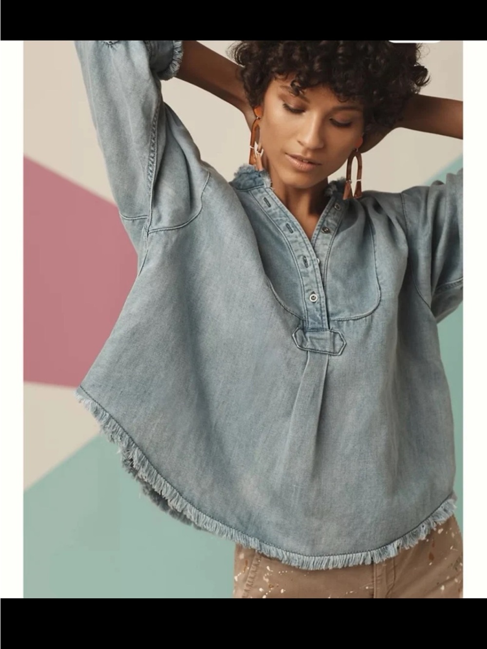 Anthropologie Holding Horses Frayed Chambray Denim Henley size Medium